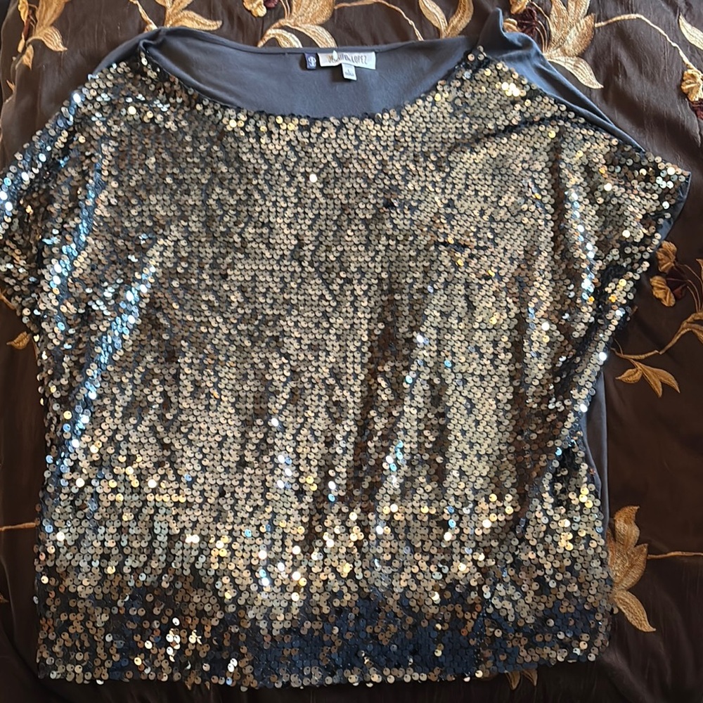 Jennifer Lopez Silver Sequin Short Sleeve Blouse
